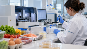 Análisis de alimentos en un laboratorio de control de calidad y seguridad alimentaria.