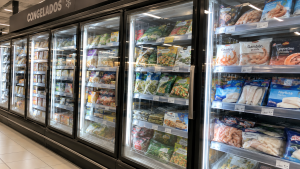 Congeladores de supermercado con alimentos almacenados en vitrinas refrigeradas.